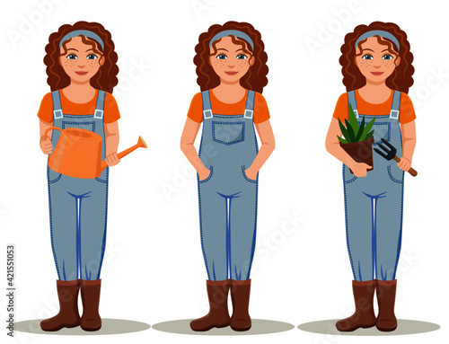 Vector set of farmer girls with different garden tools. Flat cartoon vector illustration.