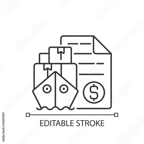Shipping and freight broker linear icon. Comission cargo delivery. Financial deal importing goods. Thin line customizable illustration. Contour symbol. Vector isolated outline drawing. Editable stroke