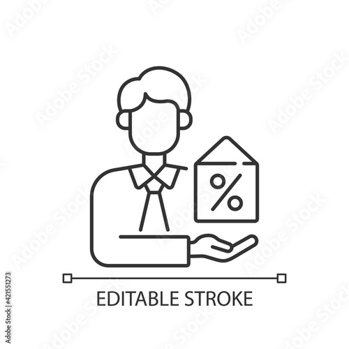 Mortgage broker linear icon. Credit advisor. Consultation on baking and financial planning. Thin line customizable illustration. Contour symbol. Vector isolated outline drawing. Editable stroke