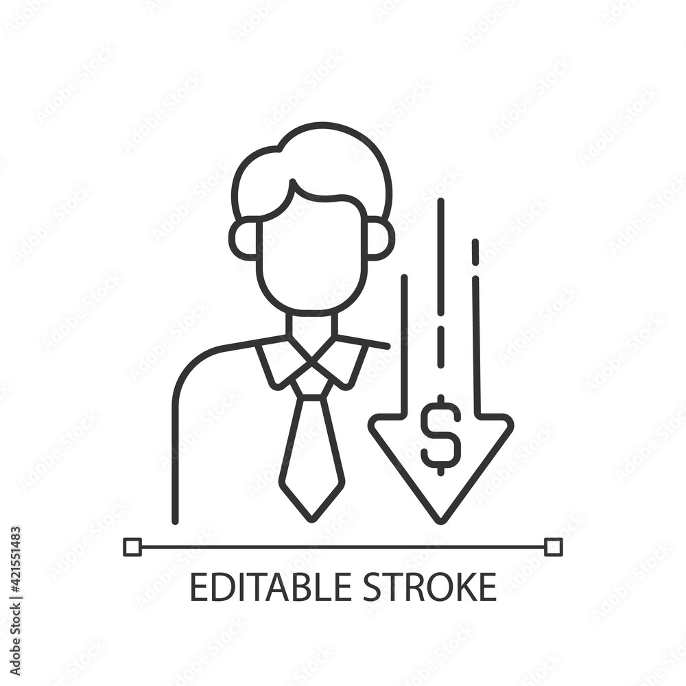 Discount broker linear icon. Falling price. Cost reduction. Financial recession. Economic failure. Thin line customizable illustration. Contour symbol. Vector isolated outline drawing. Editable stroke Discount broker linear icon. Falling price. Cost reduction. Financial recession. Economic failure. Thin line customizable illustration. Contour symbol. Vector isolated outline drawing. Editable stroke