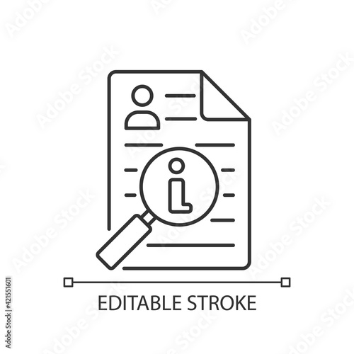 Information broker linear icon. Market reserach. Monitoring business. Brokerage services. Thin line customizable illustration. Contour symbol. Vector isolated outline drawing. Editable stroke