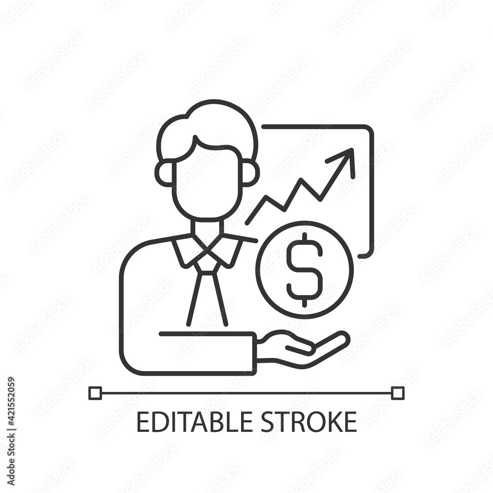 Sponsorship broker linear icon. Increasing financial chart. Brokerage service. Trading stock. Thin line customizable illustration. Contour symbol. Vector isolated outline drawing. Editable stroke