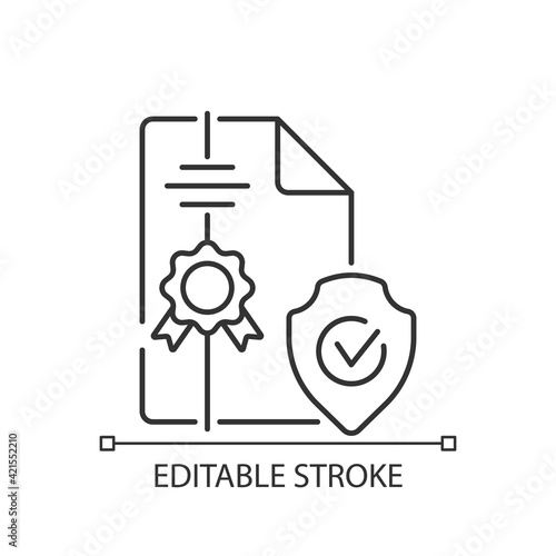 Intellectual property broker linear icon. Deal on general insurance. Legislation services. Thin line customizable illustration. Contour symbol. Vector isolated outline drawing. Editable stroke