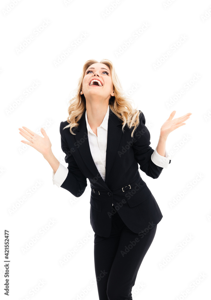 Happy gesturing young cheerful businesswoman in black suit, isolated over white background. Portrait of confident business woman at studio. Happy gesturing young cheerful businesswoman in black suit, isolated over white background. Portrait of confident business woman at studio.