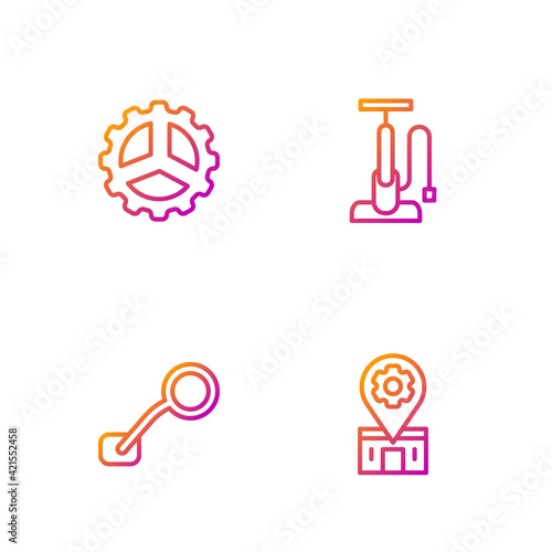 Set line Bicycle repair service, rear view mirror, sprocket crank and pump. Gradient color icons. Vector