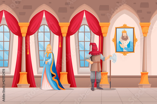 Royal people in castle scene. Queen in crown and dress walking, hangman standing with axe in kingdom chamber vector illustration. Hall room interior design, horizontal view