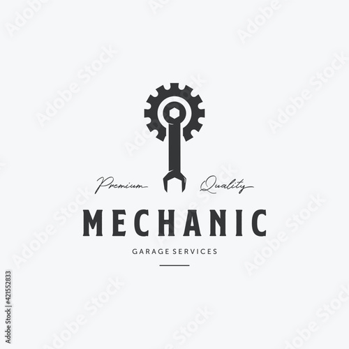 Gear Wrench Spanner Piston Vintage Logo. Minimalist Illustration of Mechanical Garage Shop Vector. Design of Piston Automotive Concept