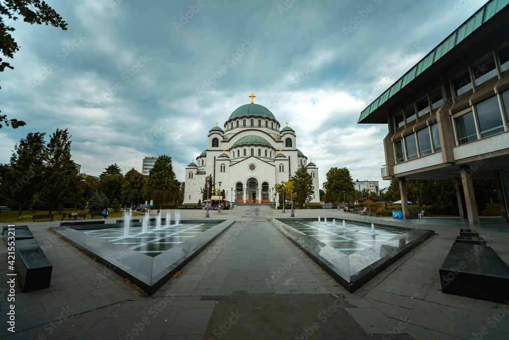 Low angle view of Temple of Saint Sava with fountain in foreground in Belgrade city