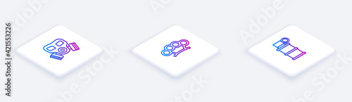 Set Isometric line Gas mask, Brass knuckles and Hand smoke grenade. White square button. Vector