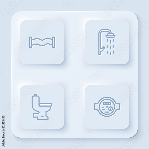 Set line Industry metallic pipe, Shower, Toilet bowl and Water meter. White square button. Vector