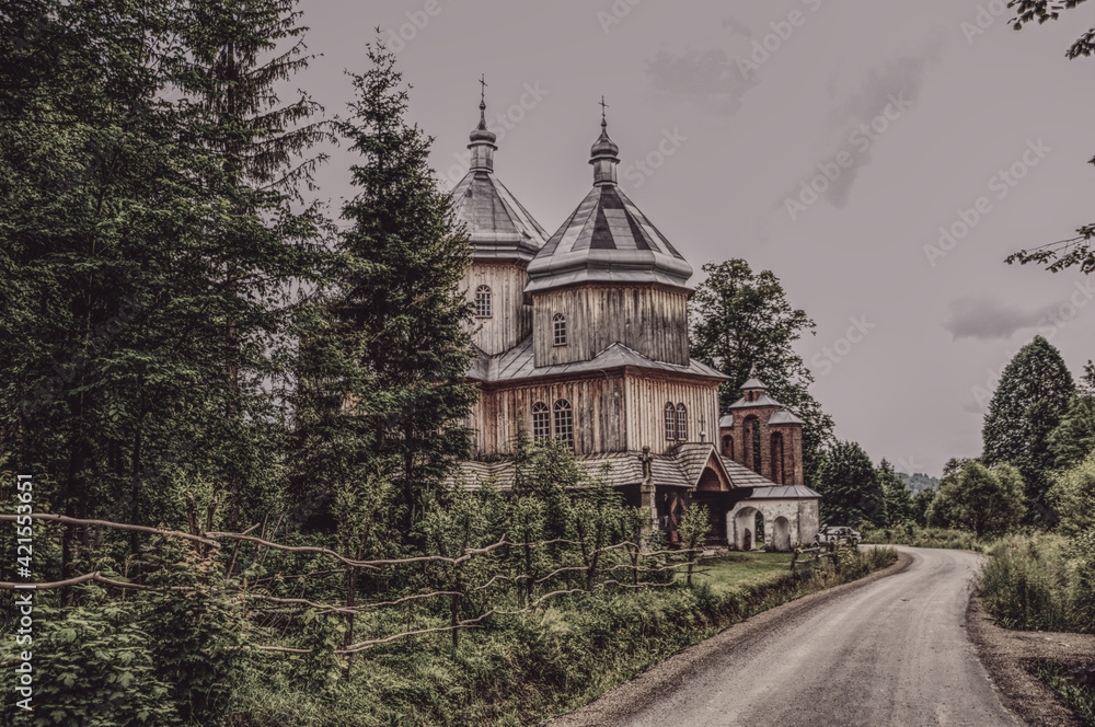 fairytale landscape, old church among trees fairytale landscape, old church among trees