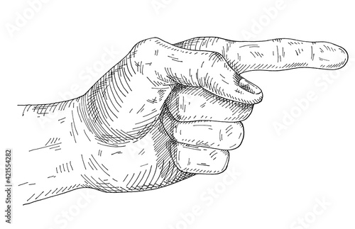 Pointing finger. Vintage monochrome hatching illustration isolated on white