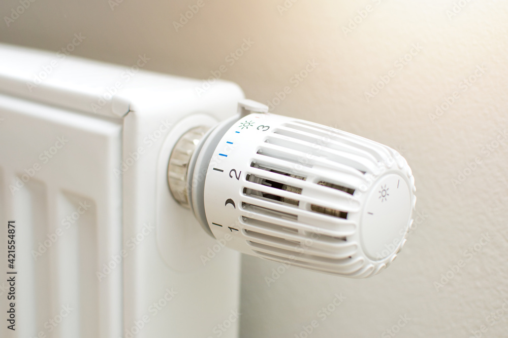 Thermostatic head and radiator valve. Close-up view. Energy saving and save money concept with copy space. Reduce consumption of gas or electricity. Thermostatic head and radiator valve. Close-up view. Energy saving and save money concept with copy space. Reduce consumption of gas or electricity.