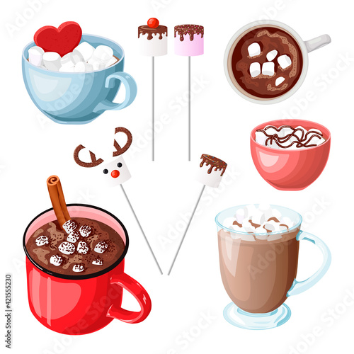 Cacao with zephyr on a stick. Red heart in a blue cup. Vector illustration in a cartoon style. Isolated object on white background.