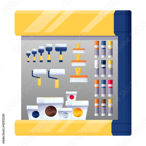 Hardware shop interior design display elements. Stand with paints, paintbrushes, rollers, sprays, boxes or buckets vector illustration. Tools and materials assortment for renovation