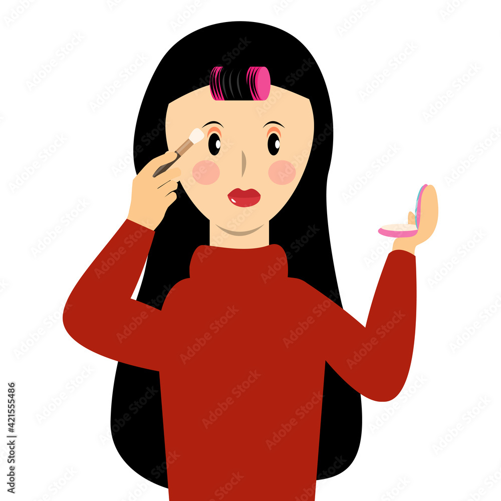 Woman applying eye shadow on her eyelid. Girl with a roll on her head wearing makeup by herself cartoon vector. Woman applying eye shadow on her eyelid. Girl with a roll on her head wearing makeup by herself cartoon vector.
