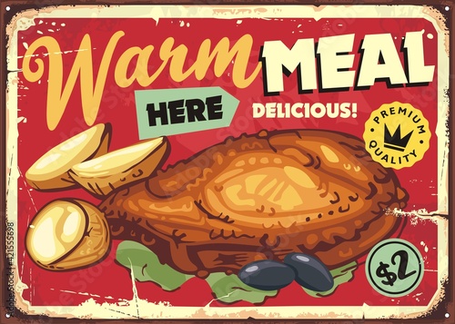 Fried beef cutlet with baked potatoes retro restaurant menu flyer. Promotional poster for warm meal. Breaded meat old vector vintage food sign.