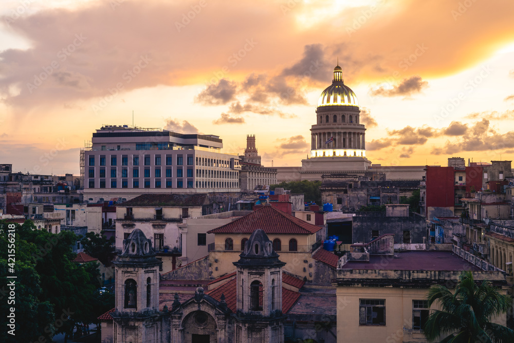 skyline of Havana, or Habana, the capital of Cuba, at dusk