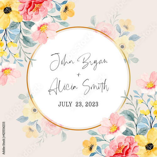 Save the date. Pink yellow floral watercolor with golden circle