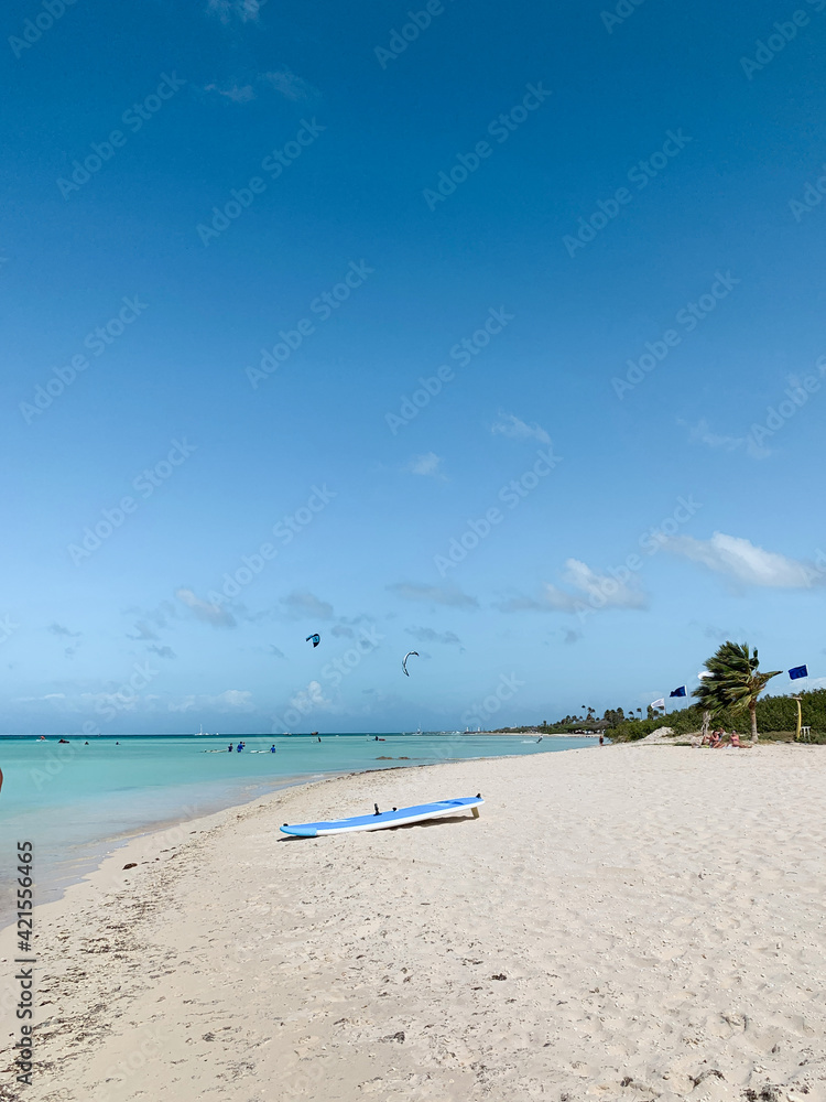 Tropical island. Caribbean beach. Long white sand bank 
