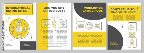 International dating sites brochure template. Worldwide date pool. Flyer, booklet, leaflet print, cover design with linear icons. Vector layouts for presentation, annual reports, advertisement pages