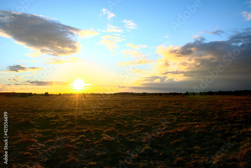 the sun is setting over the field and the forest, autumn landscape