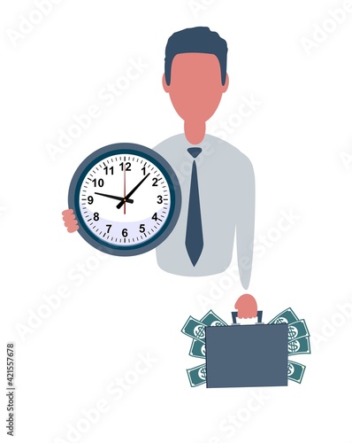 Businessman or clerk holding a suitcase with money and a clock. Male character in simple style with objects, flat vector illustration. Business concept.