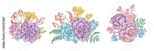Flower bouquet of pastel wax flower, forget me not flower, tansy, ardisia, brassica, decorative cabbage
