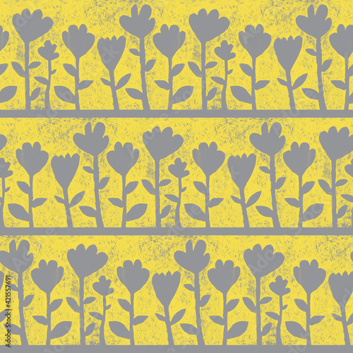 Yellow and grey acrylic floral seamless pattern. Hand-painted cute spring flowers.