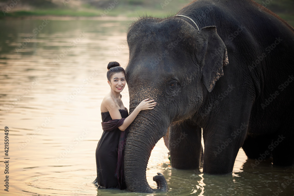Fototapeta premium Portrait Of Young Woman Standing By Elephant In Forest