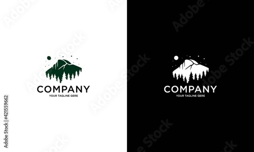 Evergreen fir or conifer cedar conifer fir larch, forests and mountains pine trees vintage line art Logo design vector template
