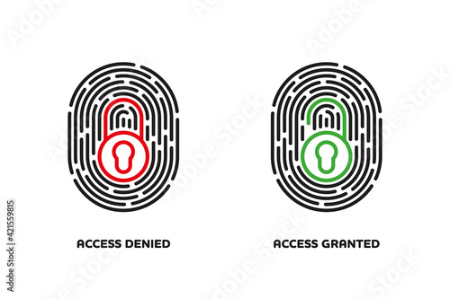 Fingerprint scan access symbols. Digital identification control icons, closed red  and opened green lock. Cyber security concept