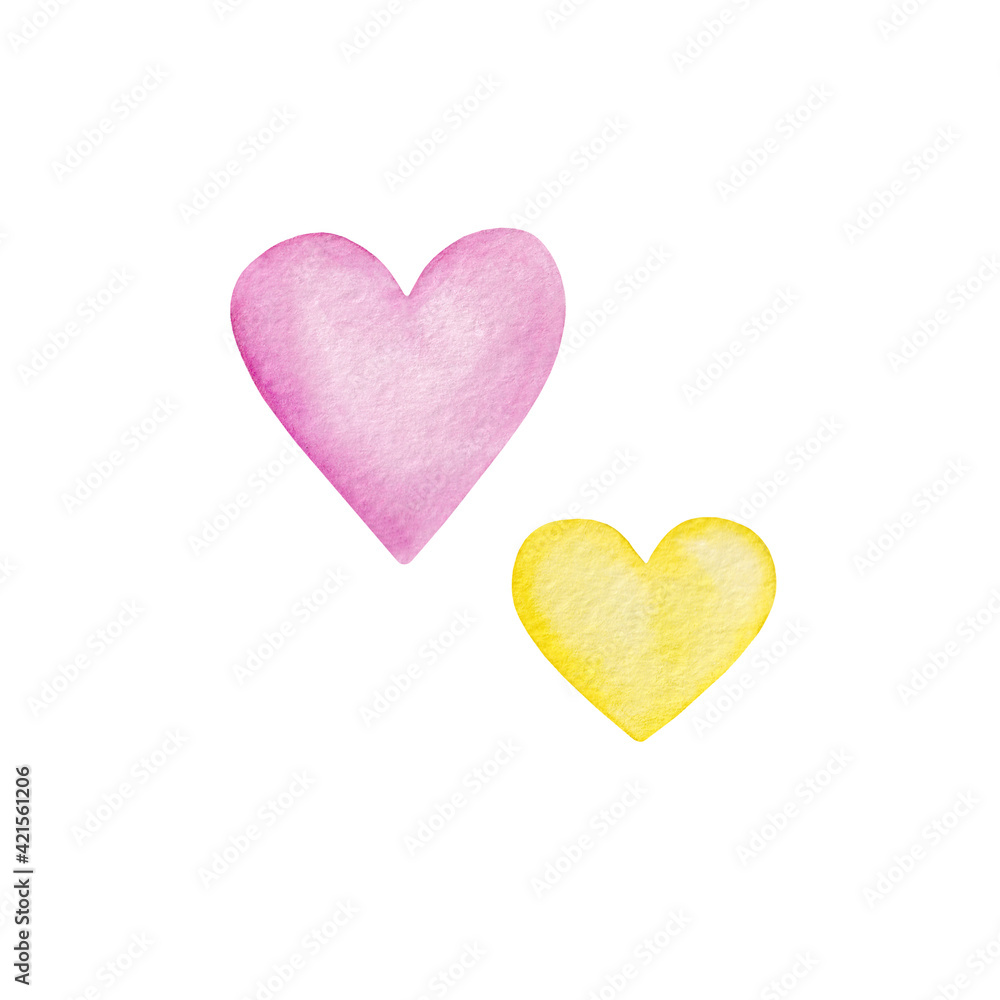 Yellow and pink heart. Hand drawn watercolor illustration. Cartoon kids clipart for baby shower, kids bedroom decor, birthday party or textile of apparel.