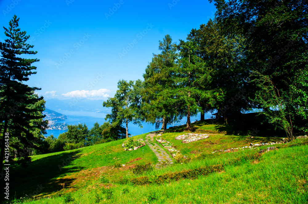 From Stresa there is a cable car and chair lift up to the top of Monte Mottarone of 1,491 metres above Lake  Maggiore.There is a  stop at an  Alpine Garden half way up the mountain with terrific views