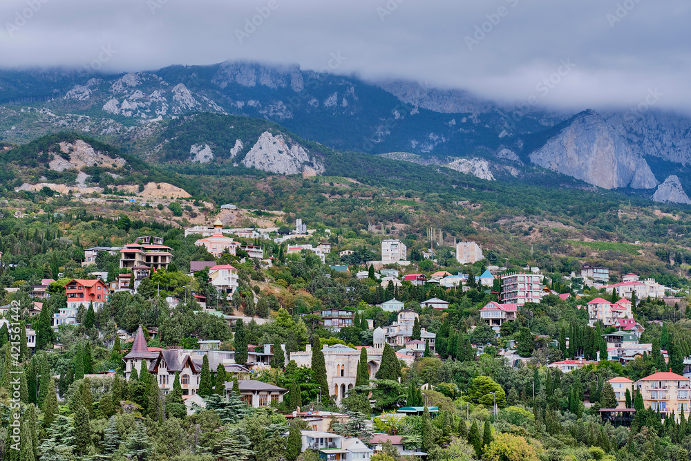 The Simeiz town and Ai-Petri mountain, South Crimea.