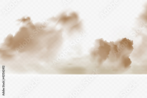 Road dust cloud from driving car or motorbike. Vector realistic splash of dirty powder, sand and stones under the wheels. Texture of dusty trail from speed motion