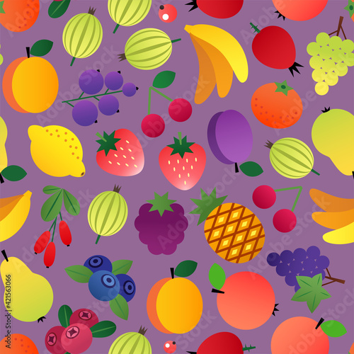 Multifruit pattern. Seamless background of fruits and berries in flat style on a dark background. Vector 10 EPS.