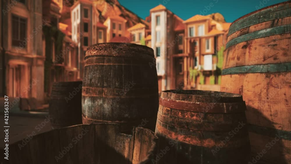 old wooden wine barrels in a sea town port old wooden wine barrels in a sea town port