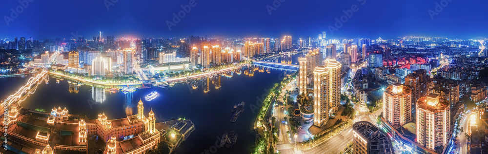 Obraz premium Aerial photography of night view of city park and lake in Fuzhou, China