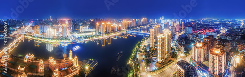 Aerial photography of night view of city park and lake in Fuzhou, China