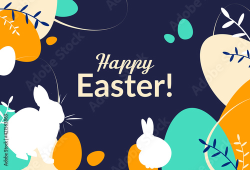 Happy Easter Day. Colorful greeting card. Banner with eggs  bunny and plants. Dark background and bright details