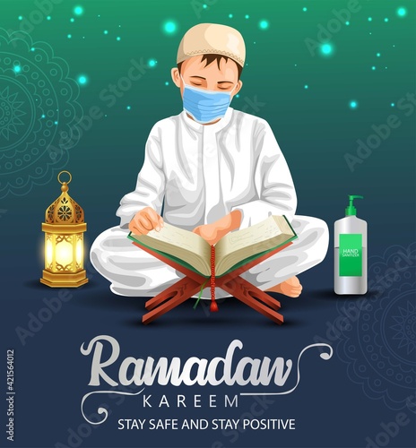 ramadan kareem and eid mubarak greetings. Islamic boy reading Quran vector illustration design. covid-19, corona virus concept