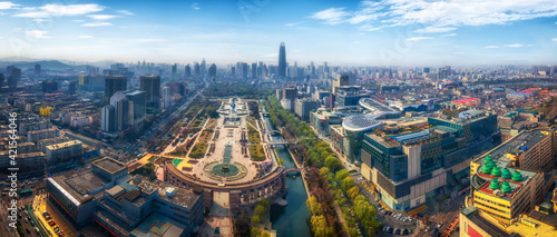 Aerial photography of modern city parks and lakes in Jinan, China