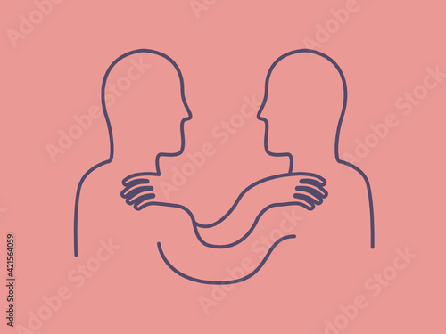 Agreement minimalist symbol. Line art abstract illustration about unity. Two people face to face looking to each other and holding hands on shoulders. Vector.