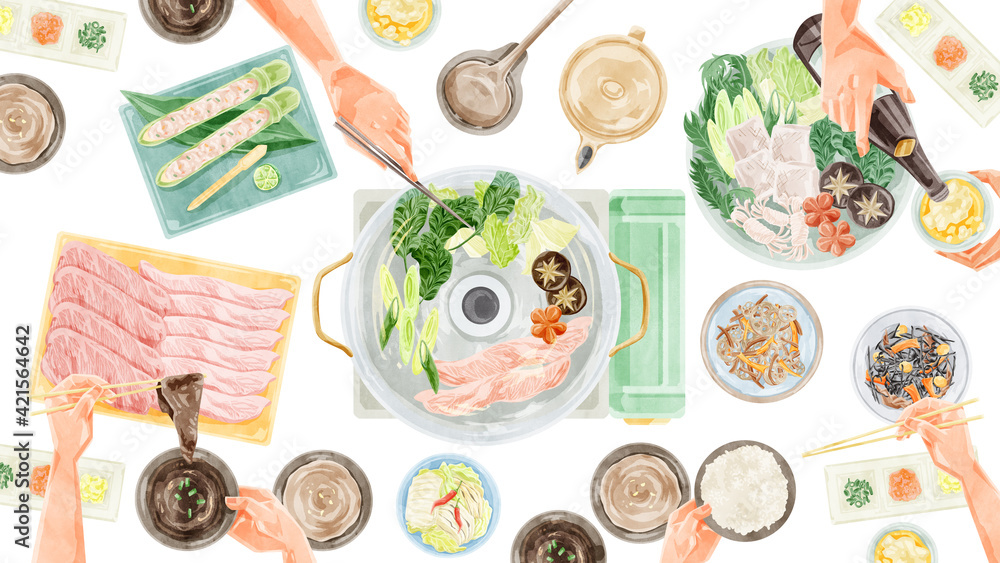 しゃぶしゃぶパーティー食事風景水彩手書きイラスト Illyustraciya Stock Adobe Stock しゃぶしゃぶパーティー食事風景水彩手書きイラスト Illyustraciya Stock Adobe Stock