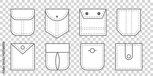 Vector clothing isolated icons set. Patch pocket bag.
