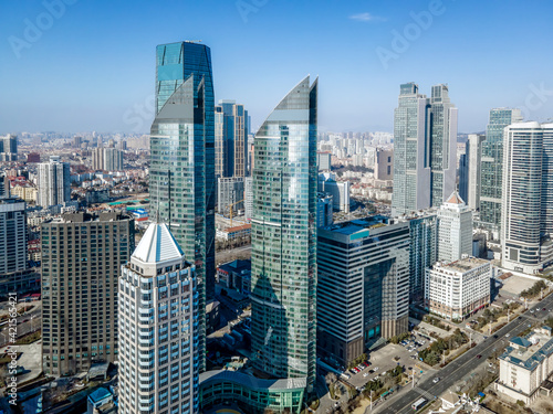 Aerial photography of the modern city coastline architectural landscape of Qingdao, China