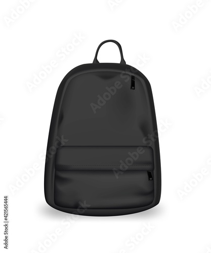 Black backpack design. College or school rucksack mockup vector illustration. Realistic youth pack of fabric for study or sport with shadows