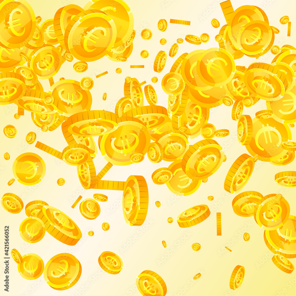 European Union Euro coins falling. Extra scattered EUR coins. Europe money. Delightful jackpot, wealth or success concept. Vector illustration.