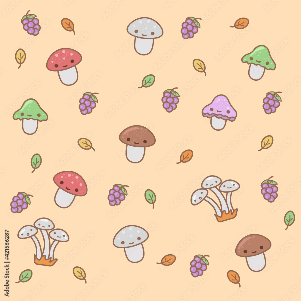 Cute pattern with mushrooms, grapes and leaves.
Cute pattern with mushrooms, grapes and leaves.